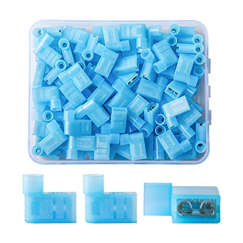 PONFY 100PCS Blue Nylon Insulated Flag Spade Quick Disconnects 16-14 Gauge Female Wire Connector 90 Degree Electrical Crimp Terminals Connectors Set