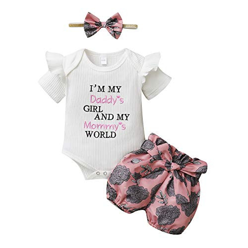 Toddler Baby Girl Clothes Summer Outfit Daddys Little Girl Baby Clothes Ruffle Sleeve White Romper Onesie Floral Shorts Set Girl 12-18 Months