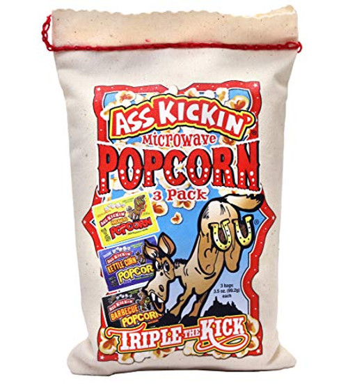 ASS KICKIN Premium Microwave Popcorn  Popcorn Variety Pack -3- in Canvas Bag - Ultimate Sweet and Spicy Gourmet Gift - Makes a Great Movie Theater Popcorn or Snack Food for Movie Night ASS KICKIN Premium Microwave Popcorn  Popcorn Variety Pack -3- in Canvas Bag - Ultimate Sweet and Spicy Gourmet Gift - Makes a Great Movie Theater Popcorn or Snack Food for Movie Night