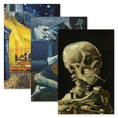 3 Pack- Vincent Van Gogh Skeleton  plus Cafe Terrace at Night  plus The Old Guitarist by Pablo Picasso Poster Set - Set of 3 Fine Art Prints -LAMINATED 18" x 24"-