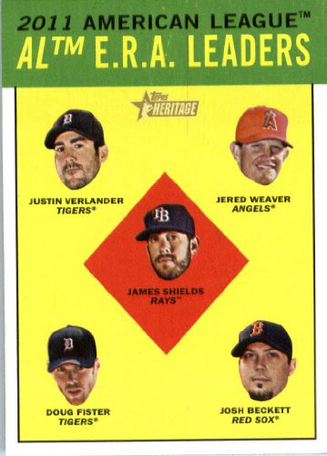 2012 Topps Heritage Baseball Card 6 Justin Verlander - Jered Weaver - James Shields - Doug Fister - Josh Beckett LL -AL E.R.A. League Leaders-