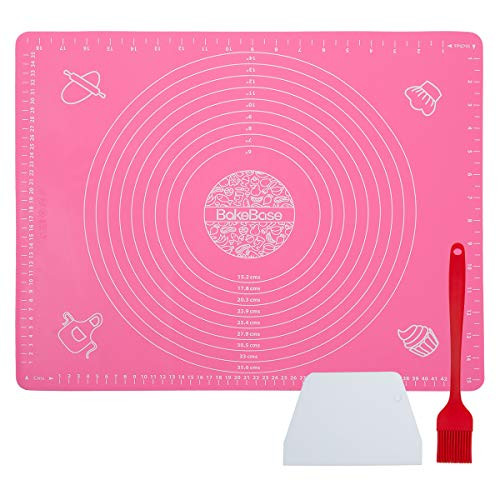 Silicone Pastry Mat with Measurements Bake Base Thick Nonstick Baking Mat for Rolling Dough with Scraper and Brush Bread Pizza Pie Fondant Crust Mat Counter Mat -20" x 16" Pink-