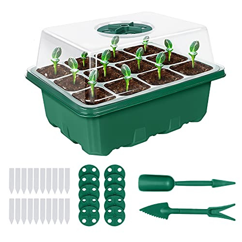 SunArea 10-Pack Seed Starter Tray 120 Cells Indoor Plant Seed Starter Kit Plant Germination Kit with Humidity Dome and Base Greenhouse Grow Trays for Seeds Growing with Plant Tags Hand Tool Kit