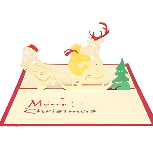 Merry Christmas Pop Up Handmade 3D Christmas Card Pop Up Greeting Card Merry Christmas Card for Holiday New Year-Santa Pulls Deer-