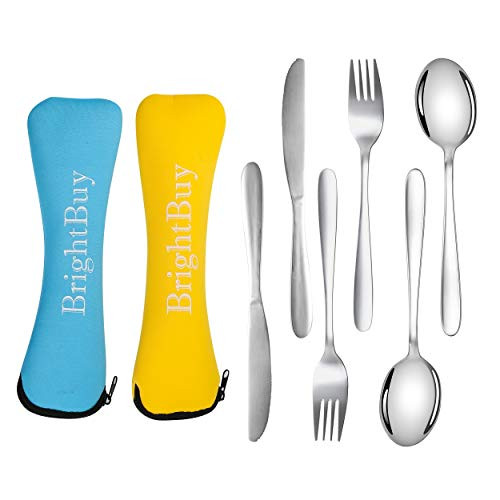 Brightbuy 6 Pieces Camping Silverware Utensil Set Stainless Steel Flatware Set Knife Fork SpoonLightweight Travel Portable Utensils Silverware Set with Neoprene Case Reusable Lunch Box Cutlery Set