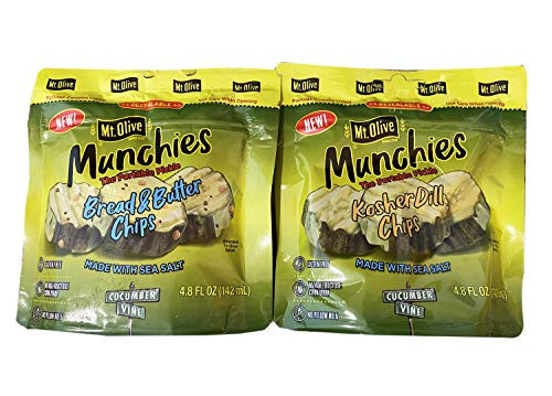 Mt.Olive Munchies Chips 4.8 Fl. Oz Pack Of 2 2 Flavors Kosher Dill And Bread  and  Butter Made With Sea Salt And Natural Ingredients Gluten Free Dill Pickle Chips -2 Flavors-
