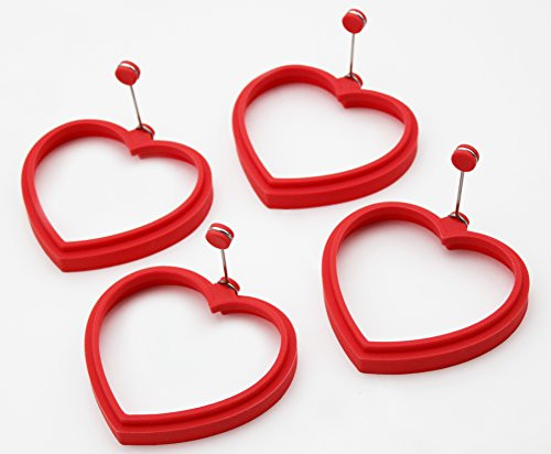Egg Ring Heart Mold Reusable Silicone Egg Pancake Ring Heart Mold Red - Makes perfect shaped pancakes and eggs  and  Make your kids love breakfast -4 Pack-