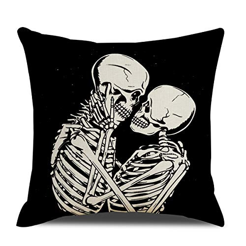 QIQIANY Skull Couple Pillow Cover 18x18 Inch Square Linen Skull Lovers Skeletons Pillow Case Home Art Decor Skull Pillow Cushion Cover for Sofa Kitchen Bedroom