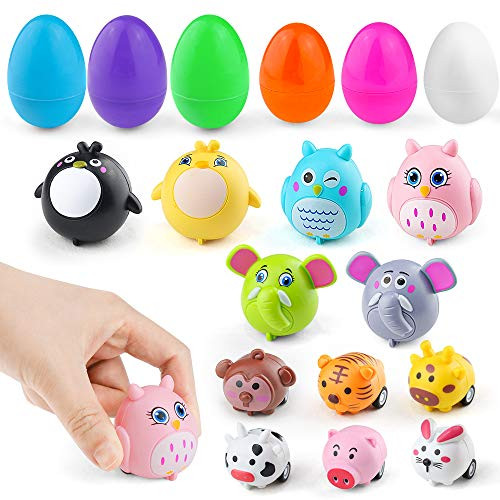 Easter Eggs with Toys Inside 14 Pcs Plastic Easter Egg Fillers with Anmimal Pullback Cars Toy Surprise Easter Basket Stuffers for Theme Party Favor Hunt Game