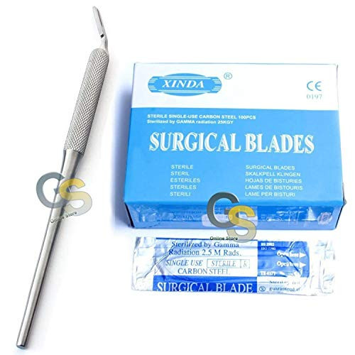 G.S 100 Scalpel STERILE Blades 11 with Free Round Scalpel Handle 3 Angled