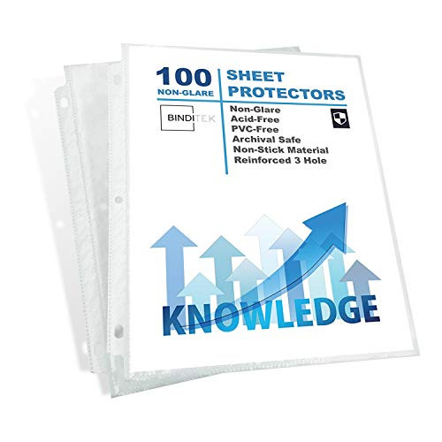 Binditek 100 Pack Clear Sheet Protectors Non-Glare Page Protectors for 3 Ring Binder Top Loading Paper Protector Letter Size Plastic Sleeves for Binders Reinforced Holes Acid-Free