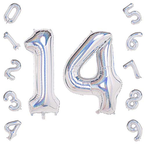Laser Silver Number 14 Balloons40 Inch Birthday Number Balloon Party Decorations Supplies Helium Foil Mylar Digital Balloons -Laser Silver Number 14-