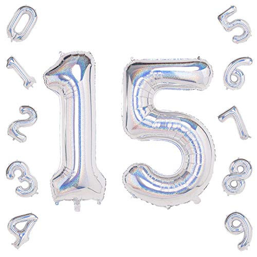 Laser Silver Number 15 Balloons40 Inch Birthday Number Balloon Party Decorations Supplies Helium Foil Mylar Digital Balloons -Laser Silver Number 15-