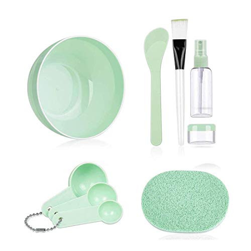 Facial Mask Mixing Bowl Set DIY Facemask Mixing Tool Kit with Silicon Face Mask Brush Facial Mask Bowl Stick Spatula Gauges Puff Pack of 8 Green