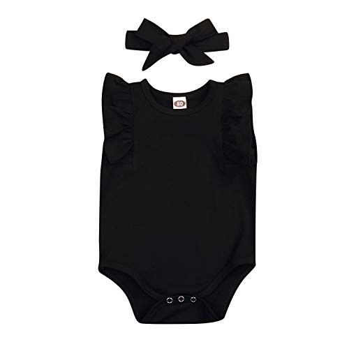 YOUNGER TREE Newborn Baby Girl Romper Bodysuits Cotton Sleeveless Solid One-Piece Romper Jumpsuit Outfits Clothes -Black 12-18 Months-