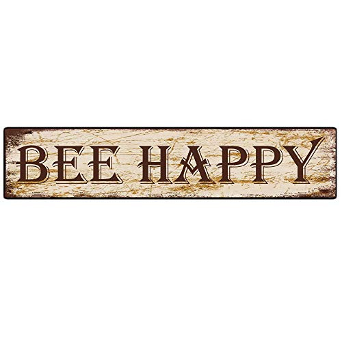 Bee Happy Sign Aluminum Metal Plaque Rustic Tin Sign Retro Wall Decor 4x16 in - 10x40 cm