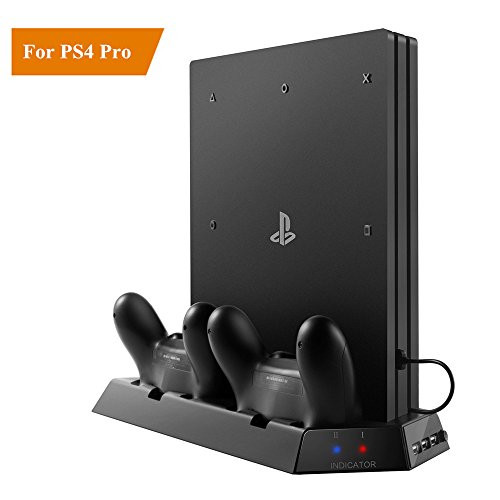 Vertical Stand for PS4 Pro with Cooling Fan, Controller Charging Station for Sony Playstation 4 Pro Game Console, Charger for Dualshock 4 ( Not for Regular PS4/Slim )