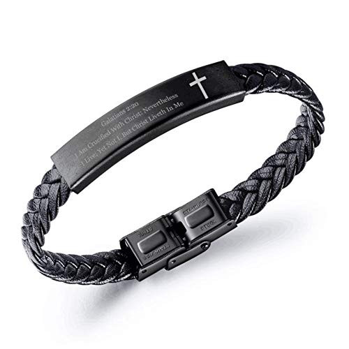 NineJewelry Galatians 2 20 Bible Verse Bracelet for Men - Stainless Steel Braided Leather Faith Hope Cross Wristband Bible Quote Scripture Cuff Bracelets for DadHusbandBFBrother