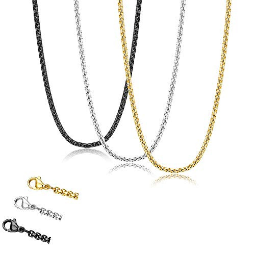 Udalyn 3 Pcs Mens Necklace Chain Stainless Steel Square Rolo Chain Necklace Set Silver Gold Black Rope 2.5MM Chain Necklace for Men Women 30 Inches Udalyn 3 Pcs Mens Necklace Chain Stainless Steel Square Rolo Chain Necklace Set Silver Gold Black Rope 2.5MM Chain Necklace for Men Women 30 Inches
