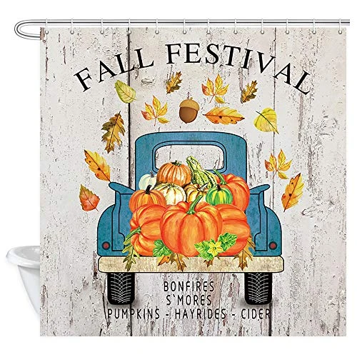 DYNH Fall Festival Shower Curtain Autumn Harvest Farm Trucks Pull Pumpkins on Vintage Rustic Wooden Shower Curtain Fabric Shower Curtain for Bathroom 12PCS Hooks 69X70IN