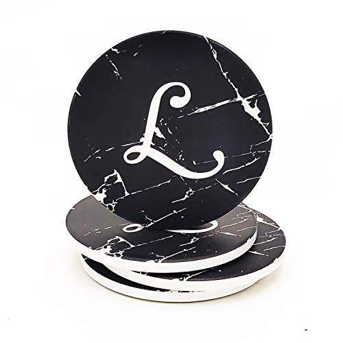 Monogram Coasters For Drinks Absorbent Coaster Set of 4 Black Marble Style Ceramic Drink Coaster Sets With Cork Base Initial Letter L