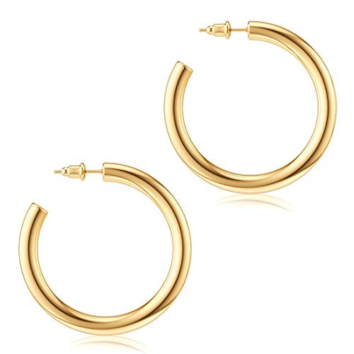 JIAYIQI Thick Hoop Earrings for Women Hollow 18K Yellow Gold Colored Lightweight Chunky Open Hoops Diameter 40mm -1.57 inches-
