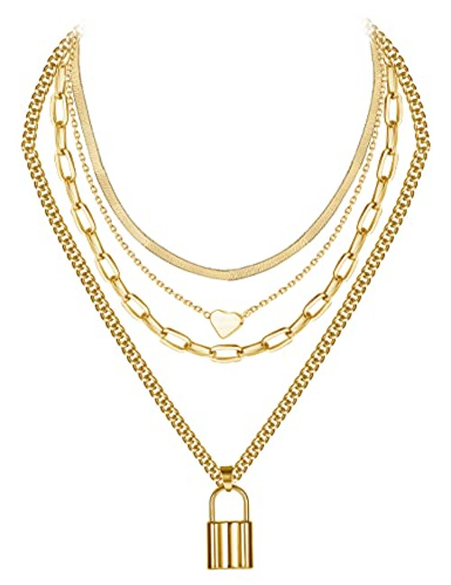 Hanpabum 14K Gold Plated 4 Layer Lock Chain Necklace Heart Pendant Dainty Link Chain Layered Punk Choker Necklace for Women Hanpabum 14K Gold Plated 4 Layer Lock Chain Necklace Heart Pendant Dainty Link Chain Layered Punk Choker Necklace for Women