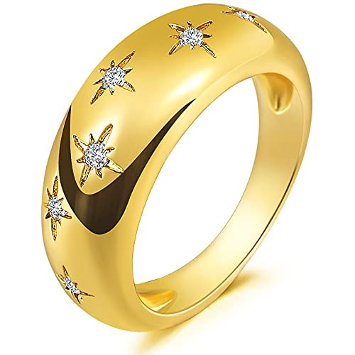 Fiusem Gold Chunky Dome Ring for Women 14k Gold Plated Trendy Thick Star Signet Ring Cubic Zirconia Statement Ring for Women size 9