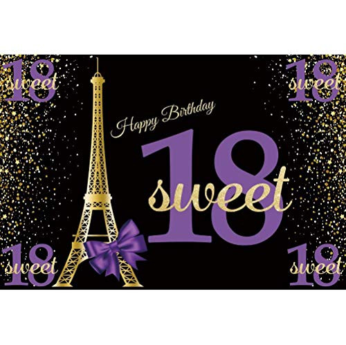 shensu Vinyl 5x3ft Sweet 18 Happy Birthday Photography Backdrop Gold Spots Eiffel Tower Purple Bow Photo Background 18th Birthday Party Decor Girls Boys Portrait Photoshoot Photo Studio Props