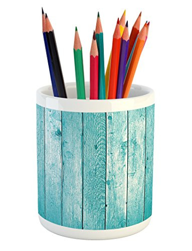 Lunarable Turquoise Pencil Pen Holder, Aged Wooden Planks Texture Image Vertically Striped Surface Floor Rustic Design, Printed Ceramic Pencil Pen Holder for Desk Office Accessory, Turquoise