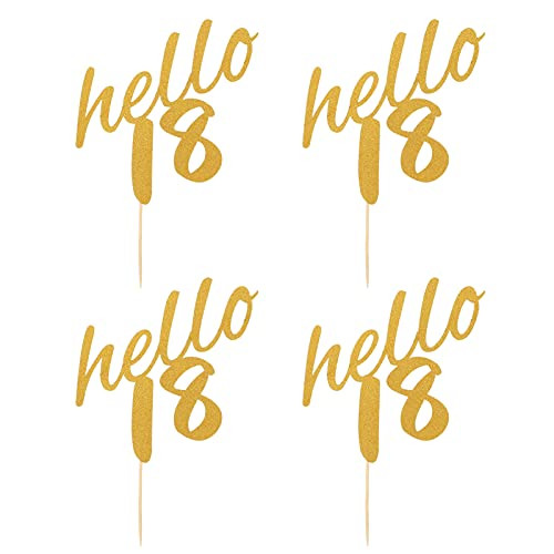 ABOOFAN 4Pcs Hello 18 Cake Toppers Glitter Golden 18 Birthday Cupcake Toppers Cake Picks 18th Wedding Anniversary Party Decorations