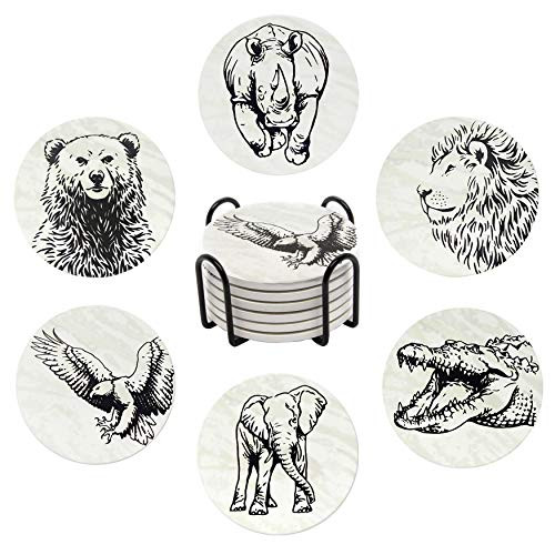 Coasters for Drinks  6-pcs Drink Coaster Set with Holder  Absorbent Coasters  Water Absorbent Ceramic Coasters Cork Base  Animal Coasters for Housewarming Gifts for Table and Bar Decorations