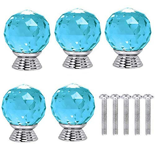 5 Pack Sky Blue Crystal 30mm Round Crystal Handle Glass Diamond Shape Drawer Knob Pull Handle Cabinet Drawer Pulls Cupboard Knobs with Screws for Home Office Cabinet Cupboard