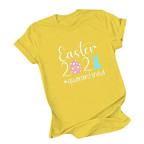 Women Easter T-Shirt Easter Eggs and Bunny Printing Tops Short Sleeves Casual O-Neck Loose Blouse Tunic Yellow