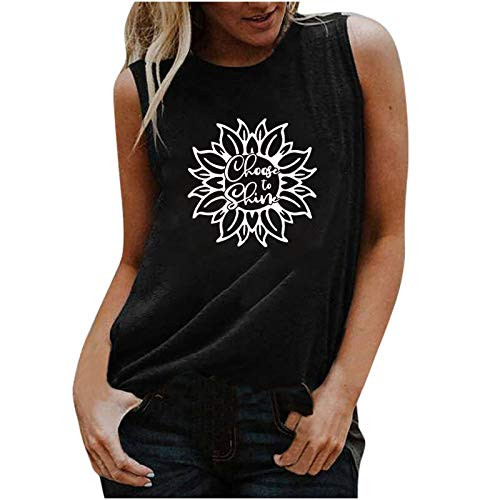 Women's Casual Vest O-Neck Sunflower Printing Tank Tops Sleeveless Loose Blouse Tops Black