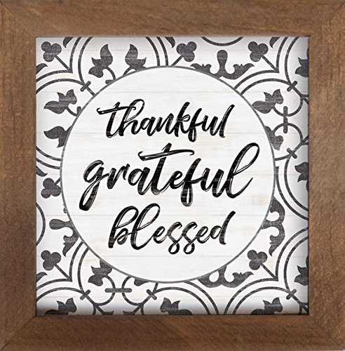 P. GRAHAM DUNN Thankful Grateful Blessed Filigree Flourish 7 x 7 Inch Pine Wood Framed Wall Art Plaque