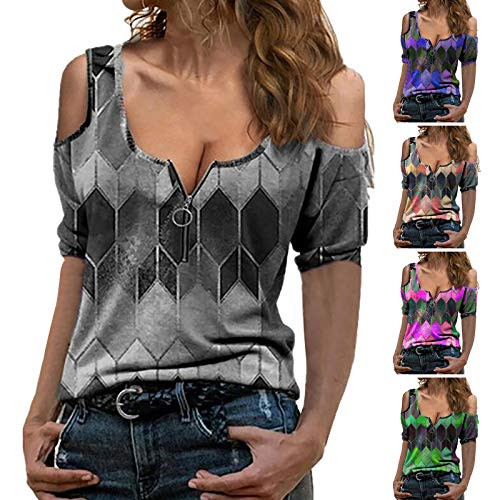 Women's V Neck Zipper Tops Fankle Sexy Cold Shoulder Short Sleeve Tunic T Shirts Summer Casual Blouse Fashion 2021-EPurpleXXXL-