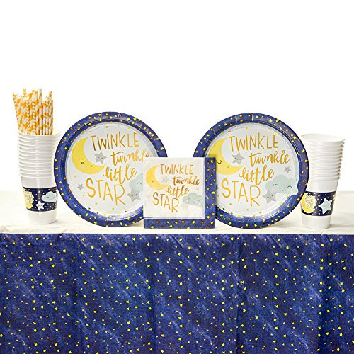 Twinkle Little Star Party Supplies Pack for 16 Guests: Straws, Dinner Plates, Luncheon Napkins, Table Cover, and Cups