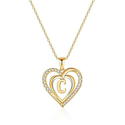 Initial Necklace for Girls Women Cubic Zirconia 14K Gold Plated Dainty Letter C Initial Heart Pendant Necklace for Teen Girls Women Kids Jewelry Toddler Mothers Day Valentines Girls Gifts Birthday