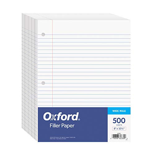 Oxford Filler Paper 8 x 10-1-2 Inch Wide Ruled Paper 3 Hole Punch Loose Leaf Notebook Paper for 3 Ring Binders 5 Packs of 100 sheets -62330- white