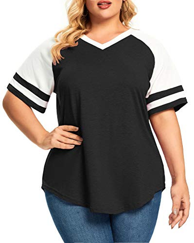 J·ATOPOS Women's Plus Size Shirts Short Sleeve Tunic Loose Striped Tops Black 18W