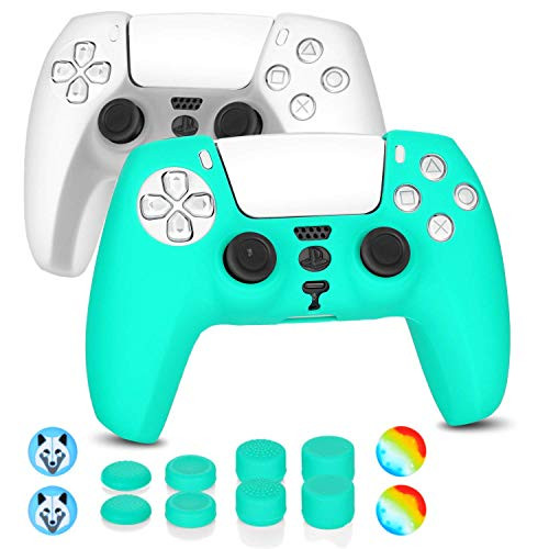 2 Pack Controller Skin and Thumb Grips for PS5 Controller Skin YU33 Anti-Slip Silicone Cover Protector Case for Sony Playstation 5 Joystick- PS5 Controller Cover with 12 Thumb Grips -Green and White-