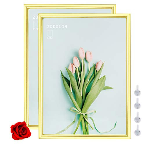 ZOCOLOR 5x7 Aluminum Picture Frame Classic Metal Photo Frame with Plexiglass Wall Hanging or Tabletop Display -Gold 2-Pack-