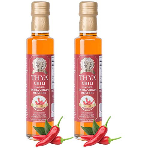 THYA Chili Flavored Extra Virgin Olive Oil Cold Pressed Olives EVOO for Salad Dressing and Cooking 2 Bottles of 8.45 fl oz- 250ml each Total 16.9 Fl oz