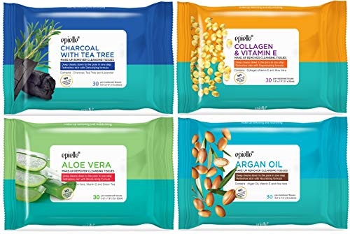 Epielle Color Block Makeup Remover Cleansing Tissues -30 Pre-Moistened Tissues per Pack- 4pk -Assortment B-