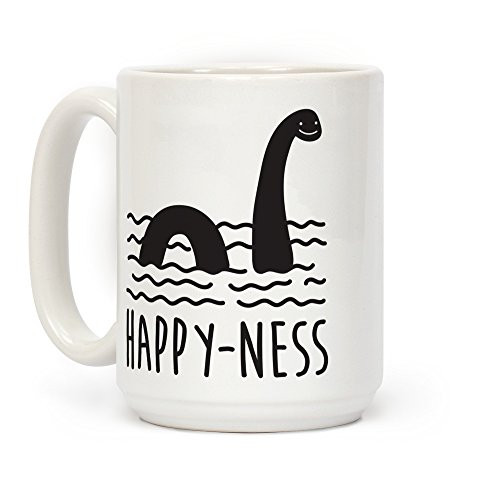 LookHUMAN Happy-Ness Loch Ness Monster White 15 Ounce Ceramic Coffee Mug