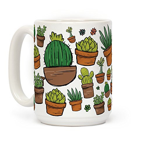 LookHUMAN Succulent Pattern White 15 Ounce Ceramic Coffee Mug