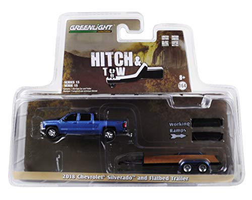2018 Chevrolet Silverado 4x4 Pickup Truck Blue with Flatbed Trailer Hitch & Tow Series 15 1/64 Diecast Models by Greenlight 32150 C
