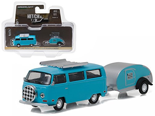 Maisto 1972 Volkswagen Type 2 Bus Blue and Teardrop Trailer Hitch & Tow Series 8 1/64 Model Car by Greenlight Maisto 1972 Volkswagen Type 2 Bus Blue and Teardrop Trailer Hitch & Tow Series 8 1/64 Model Car by Greenlight