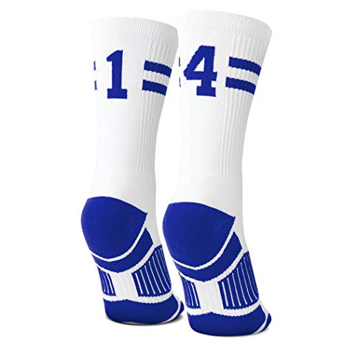 Classic Stripe Team Number Socks  Woven Mid-Calf  White  and  Royal  14 or 41